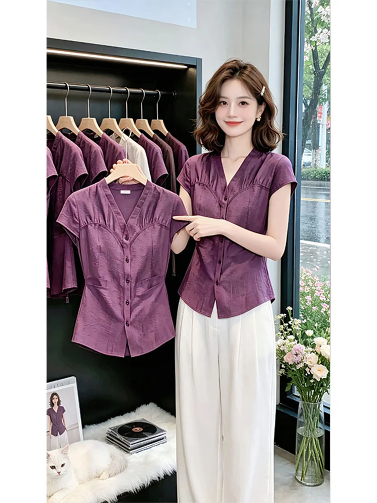 

Women's Slim Fit Shirt V-Neck Short Sleeve Waist-Cinching Purple Summer New Style Fashionable Casual Wear Versatile Elegant