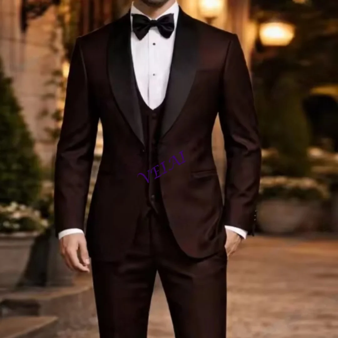 

Мужской костюм-тройка на заказ: темно-коричневый с черным воротником, для жениха, шафера, на свадьбу, выпускной, для бизнеса, смокинг, пиджак и брюки