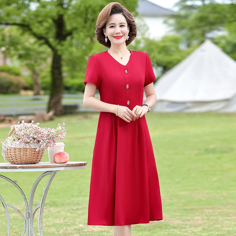

Women Summer Dress V-Neck Short Sleeve Casual Daily Wear Knee-length Dresses Button Loose Casual Clothing