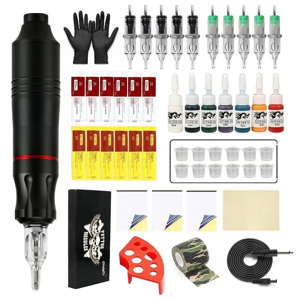 Kit de máquina de tatuagem caneta rotativa para tatuagem com 7 peças de tinta 10 peças cartuchos agulha máquina de maquiagem permanente para