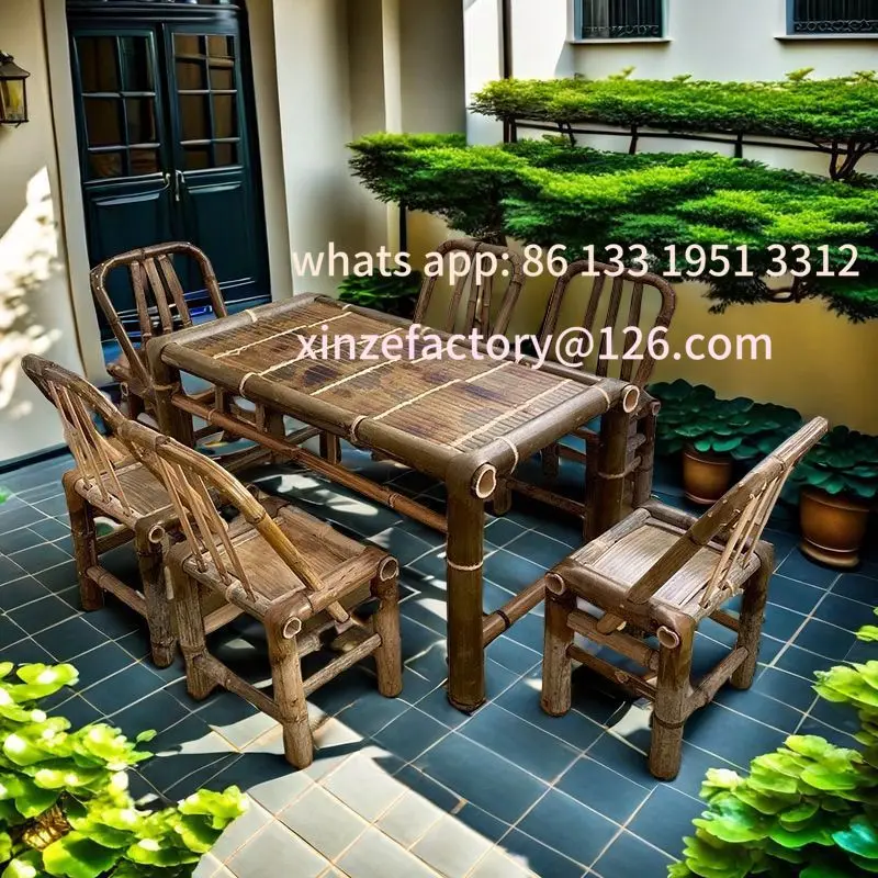 

Customizable Vintage Garden Combination Vintage Bamboo Table Outdoor Bamboo Table and Chair