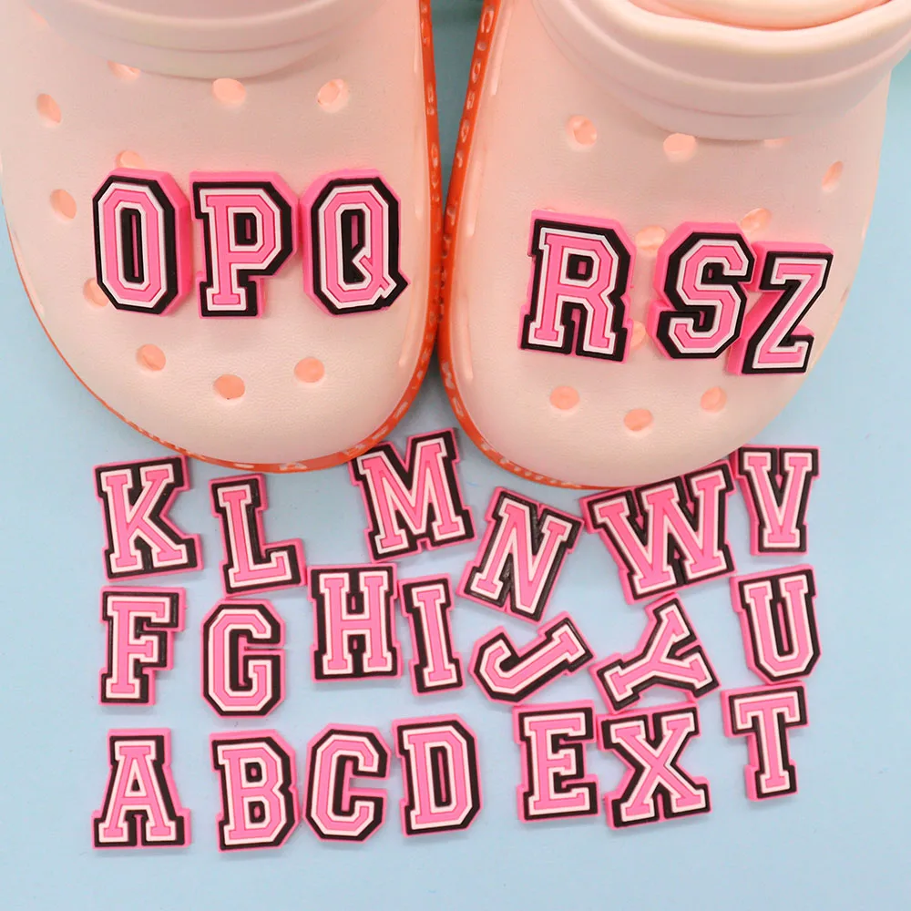 Wholesale 50Pcs PVC Pink English Letter Alphabet Children Sandals Shoes Charms Accessories Name Designer Decoration