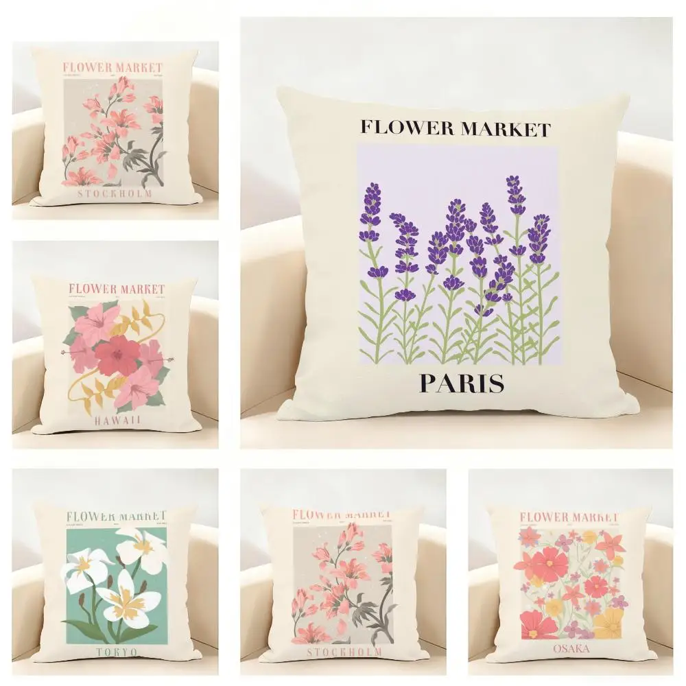 art lively Flower Market Cushion Cover Linen Pillowcase Soft  for Sofa Bed Home Room Decor