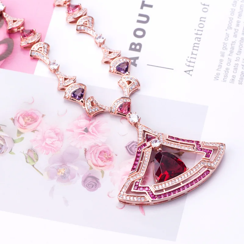 Europe America Fashion Style High-end Jewellery Women Lady Settings Pink Blue Zircon Large Fanned Pendant Necklace Earrings