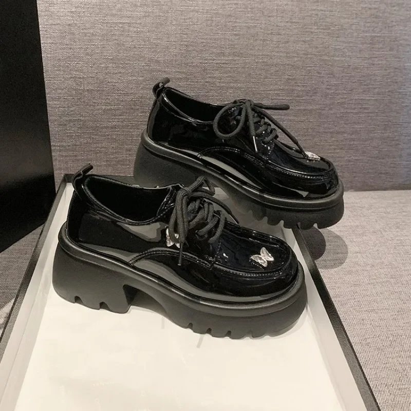 Zapatos Oxford planos negros con plataforma para mujer, mocasines de estilo británico con piel, Otoño, 2024