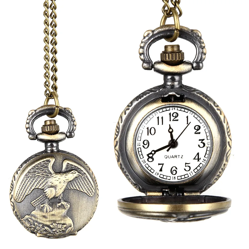 Fashion Men Women Vintage Quartz Pocket Watch Alloy Antique Eagle Wings Pattern Necklace Pendant Chain Clock Gifts LL@17