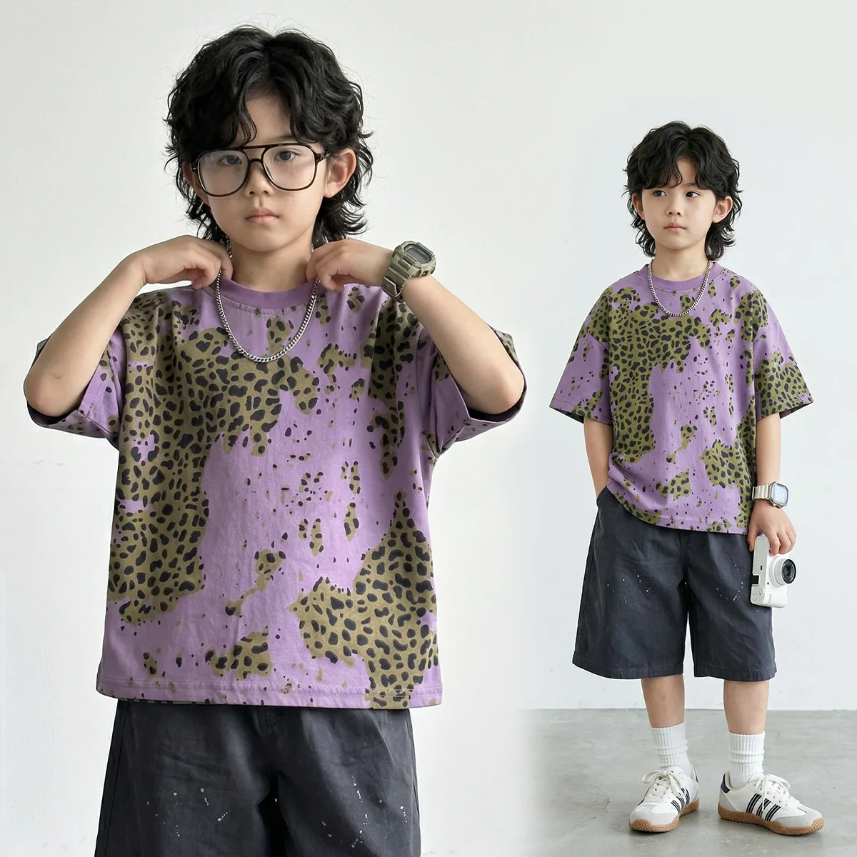 Boys summer T-shirt 2026 new middle-aged and older children's pure cotton short-sleeved top leopard print loose shoulder