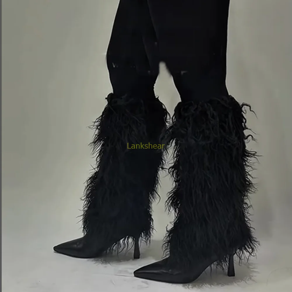 Fur Knee High Modern Boots Geunine Leather Patchwork Solid Sexy Pointed Toe Stiletto New Arrivals Fashion Women Runway Boots