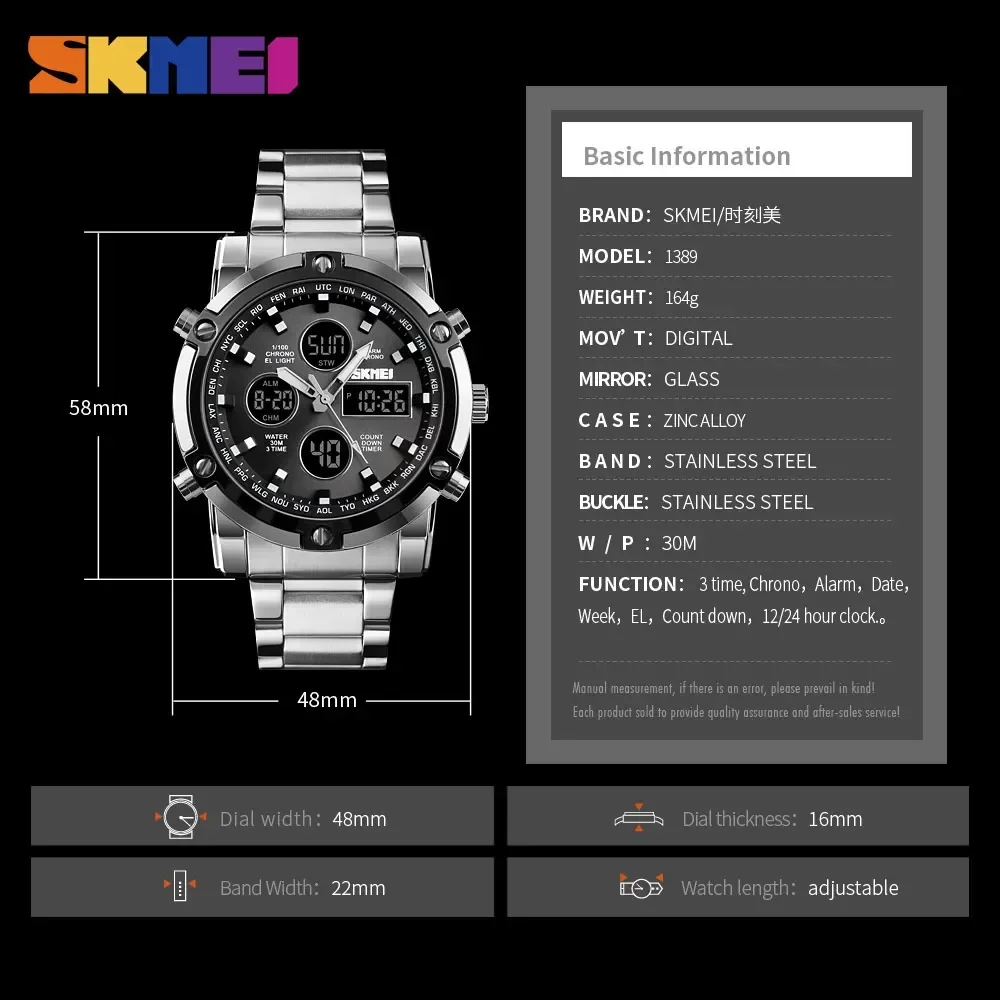 SKMEI-Montre-bracelet numérique à quartz pour hommes, compte à rebours, bracelet en acier, horloge, trois temps, 1389