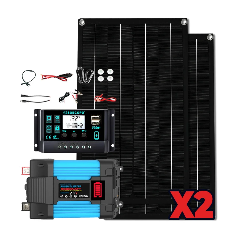 6000w Camping 2*Solar Panels 100A Controller USB 5V/1.5A Home RV System Panel Power SOECOPO 6000W Complete Autonomous Solar Kit