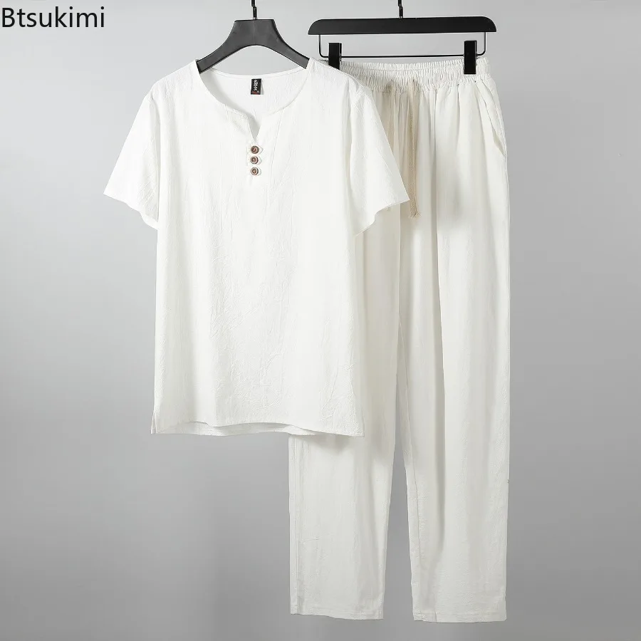New 2025 Summer Linen Suit Men's Button Cotton and Linen Casual Retro T-shirt V Chinese Style Solid Color Loose Male Clothing