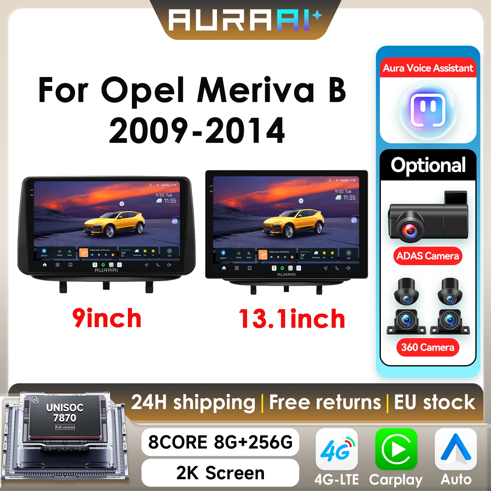 8G+256G ARAI 2K Bildschirm für Opel Meriva B 2009 - 2014 Autoradio CarPlay Android Auto 4G WIFI GPS BT DSD ADAS Dual-Mikrofon 360°-Kamera 7870