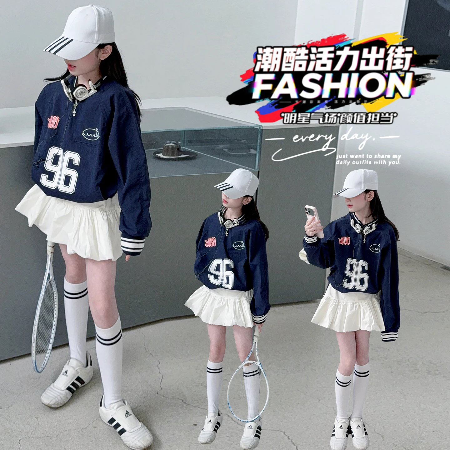 

Girls Vintage Shirt+Dress 2Pieces Sets High Waist Sporty France Preppy 2026 Spring-Autumn Daily Clothing for Students Ages 4-14Y