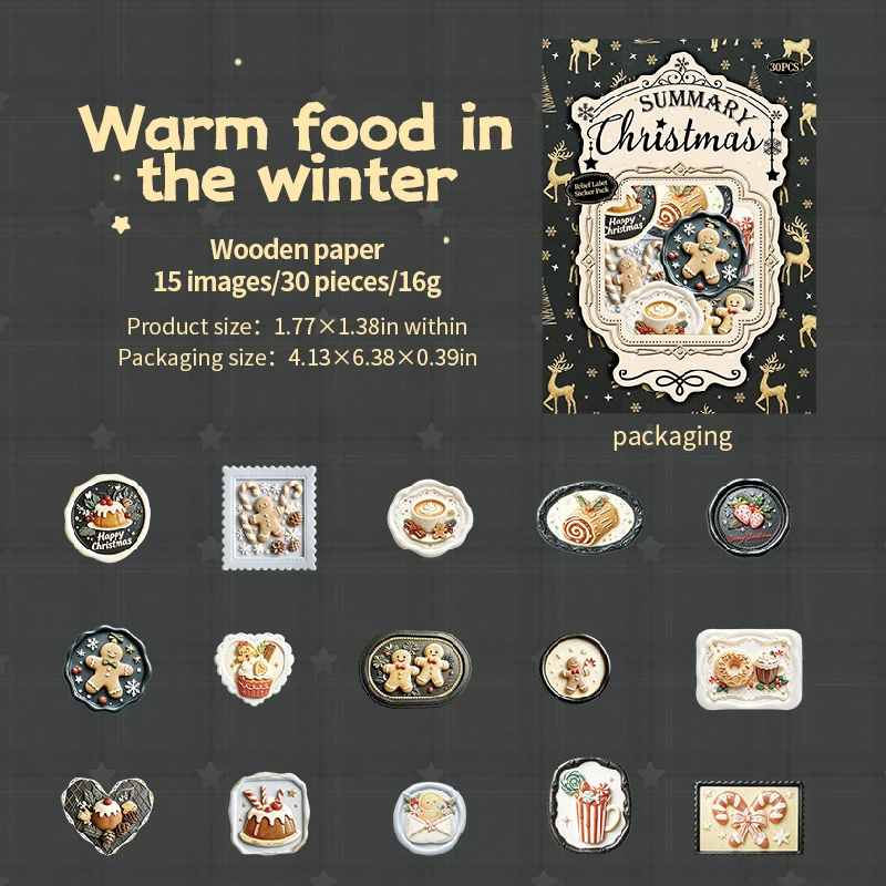 30 stuks retro kerstlabels, reliëf, gemengde vormen, feestdagenstickers voor junk journals, scrapbooking, planners en kaarten