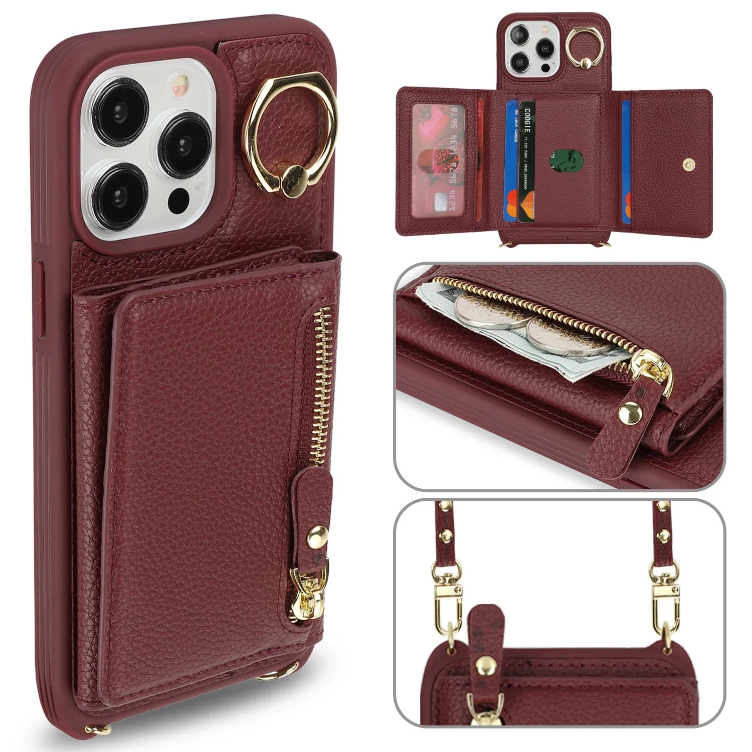 Skórzane etui na iPhone'a 15 14 13 12 11 Pro Max XS X XR Pokrowiec ochronny Uchwyt na karty z zamkiem błyskawicznym Torba na karty — zdjęcie produktu 4