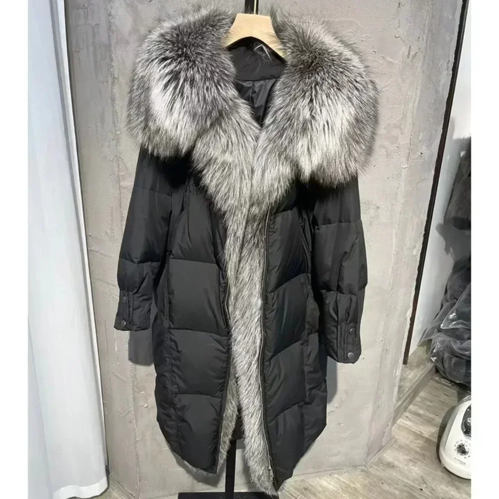 White Goose Down Jacket 2024 Real Fur Coat Women Winter Real Silver Fox Fur Collar Long Thick Warm Luxury Parka Female Outwear