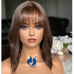 Amethyst #2 Dark Brown 5.5x4.5 PU Silk Base Lace Closure Wig With Bangs Body Wave Short Bob Human Hair Wigs Pre Plucked Glueless