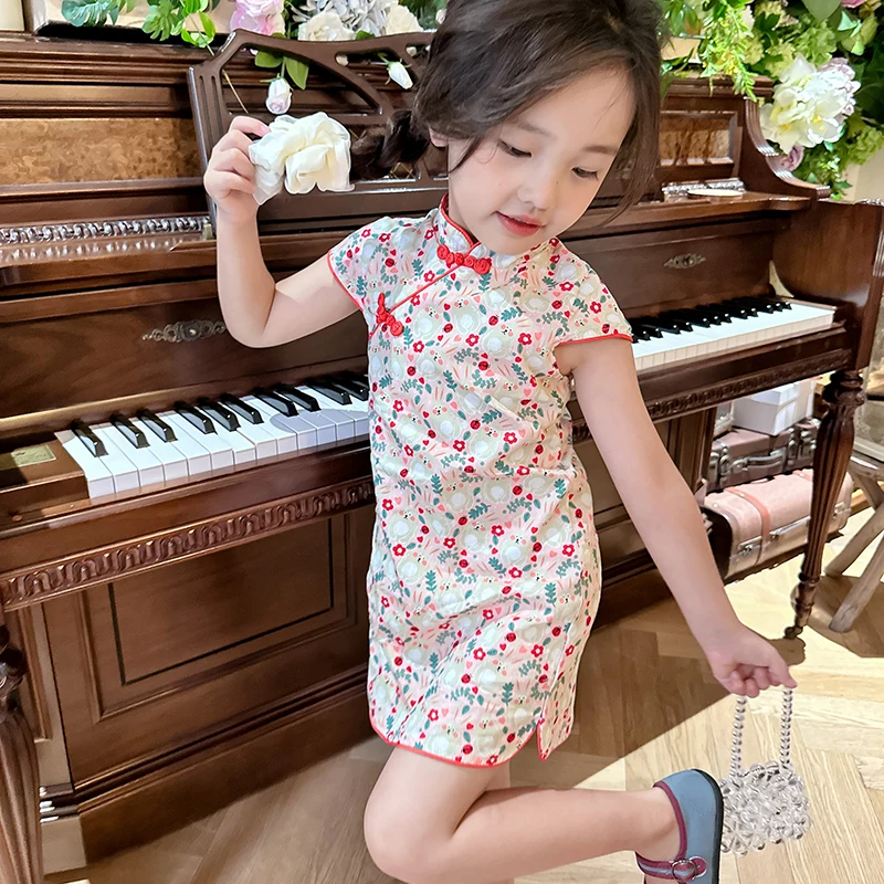 Cheongsam Girls Dress New Summer Children\'s Princess Dress Children\'s Hanfu Girl Baby Short-sleeved Summer Dress Chinoiserie 2-9