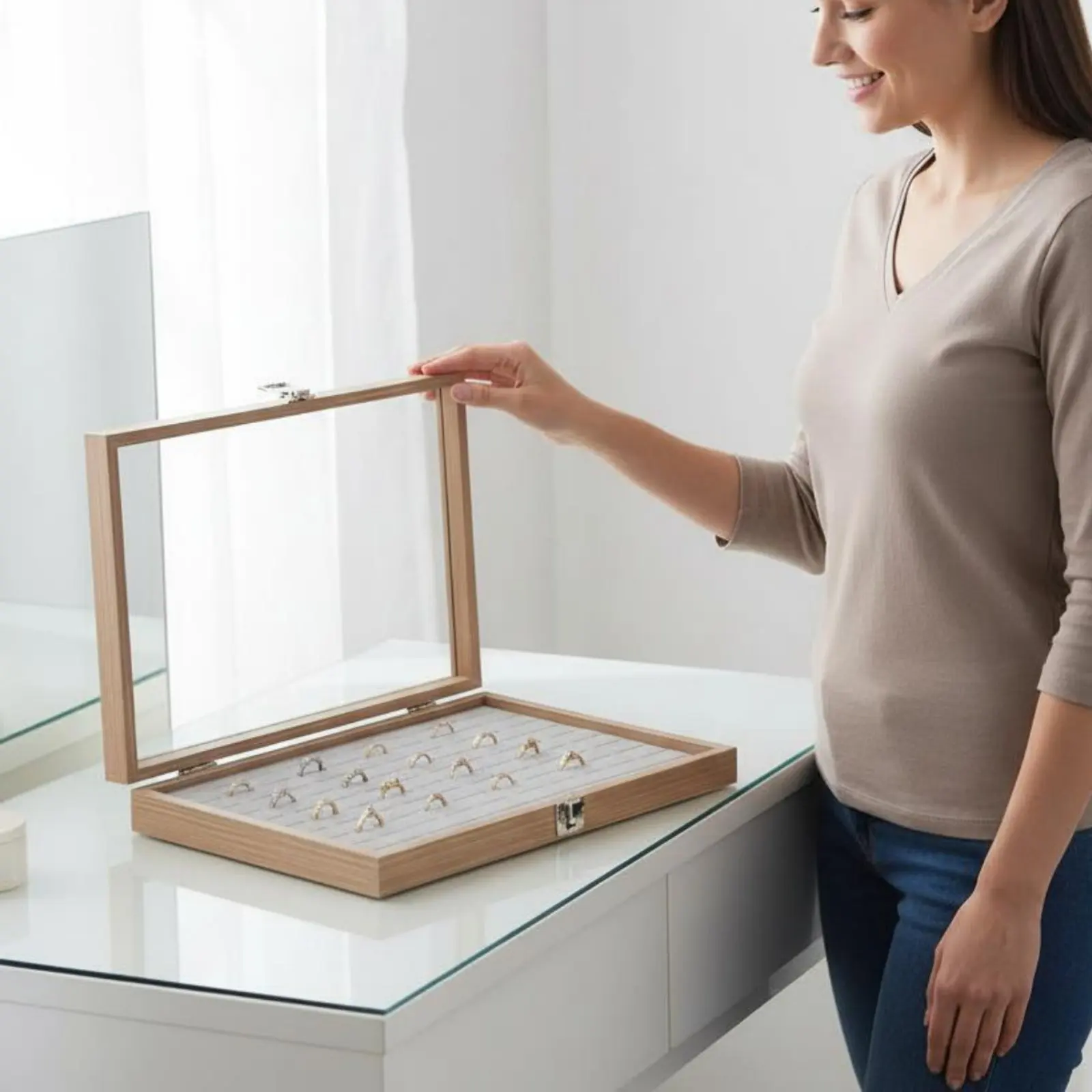 

Шкатулка для украшений под дерево, прочная конструкция, витрина для ювелирных изделий, штабелируемый органайзер, металлическая застежка, настраиваемая компоновка