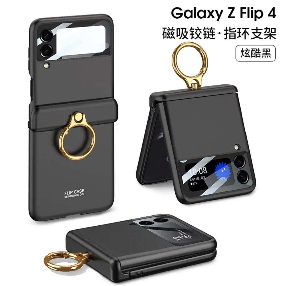 For Samsung Galaxy Z Flip 4 Case Ultra-Thin Luxury Ring Bracket Shell Membrane Integrated Folding All-Inclusive Protective Cover