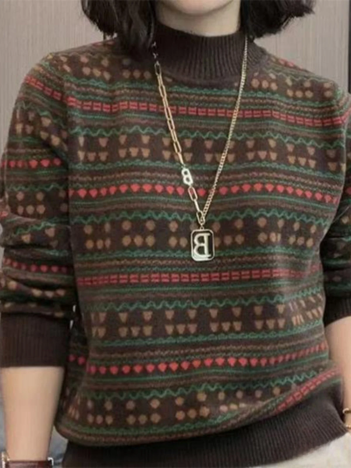 

Autumn Winter High Ne Knitted Sweater for Women Faionable Base Layer Vintage Floral Loose T-irt Sle Warm Thermal Top