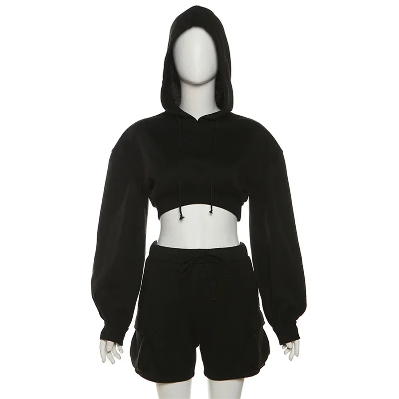 Solid Color Tracksuit Women 2023 Autumn New Casual Long Sleeve Hooded Crop Top High Waist Slim Fit 3/4 Shorts Sports Streetwear