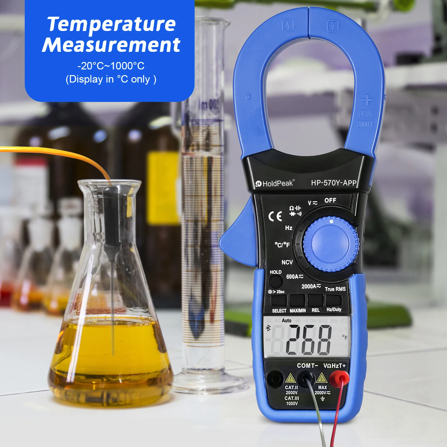 HOLDPEAK digitale stroomtang, 2000A / 2000V, True RMS-meter, met Bluetooth, APP, AC/DC-spannings- en stroomtester HP-570Y-APP