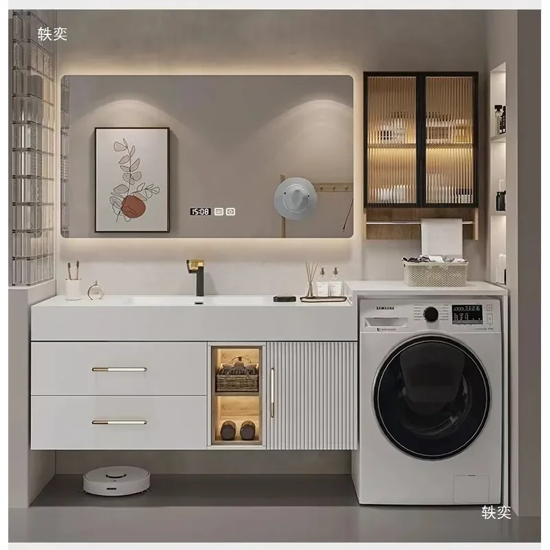 for Cream Wind Ceramic Integrated Basin Balcony Washing Machine Combo Modern Rock Slab Bathroom Cabinet Face Wash Table