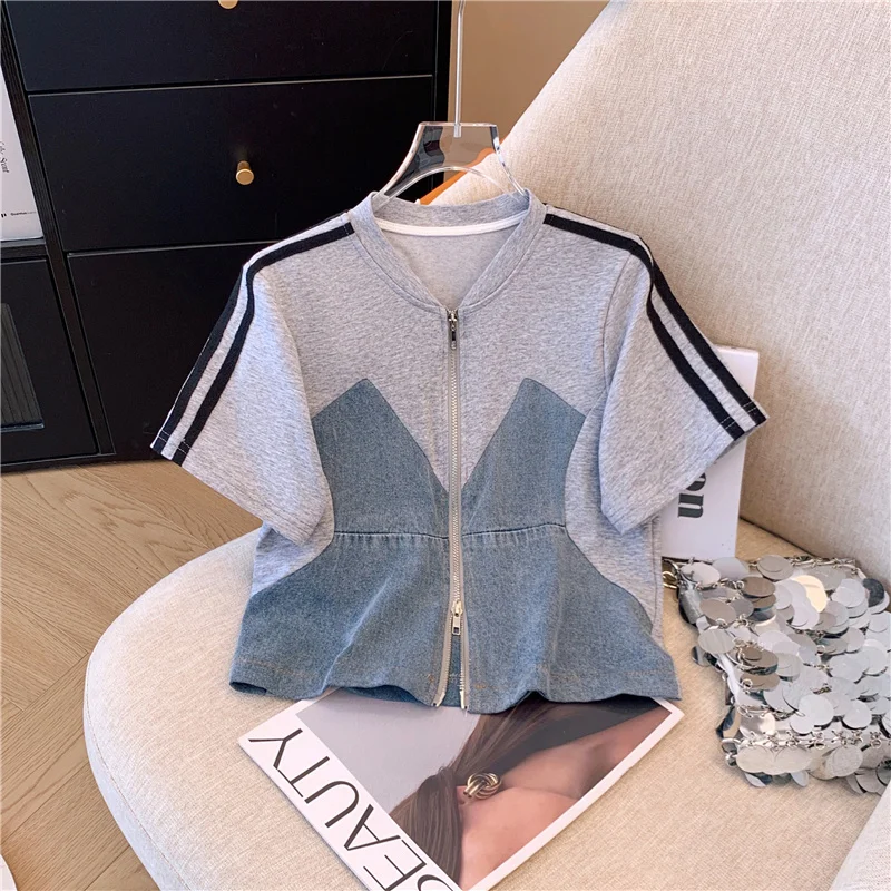 Denim patchwork Two-piece Set Women Summer HongKong Tops Wide Leg Shorts Short-sleeved zipper Shirt+Shorts Casual Sports Suit