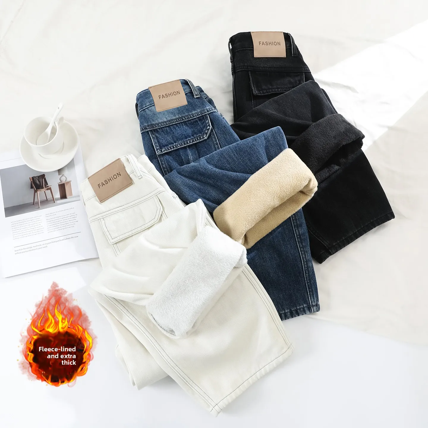 Y2K جينز نسائي أساسي عالي الخصر مع صوف واسع الساق سميك ودافئ سروال دينم نسائي غير رسمي أوف وايت منحني سكين