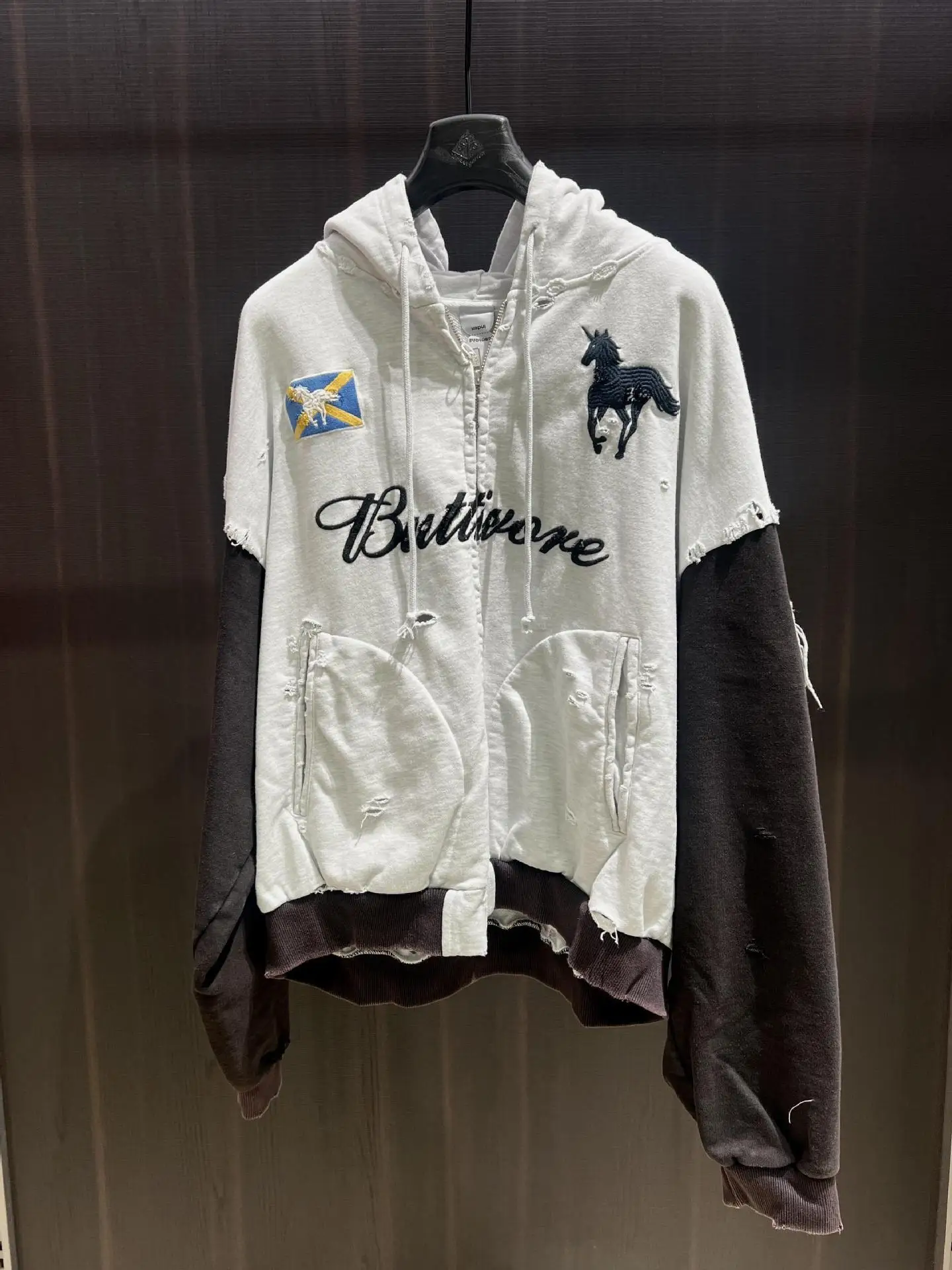PROJEKT G/R Patchwork Spleißen Beschädigtes Loch Reißverschluss Strickjacke Mantel Männer Frauen Unisex Baumwolle Übergroße Logo Stickerei