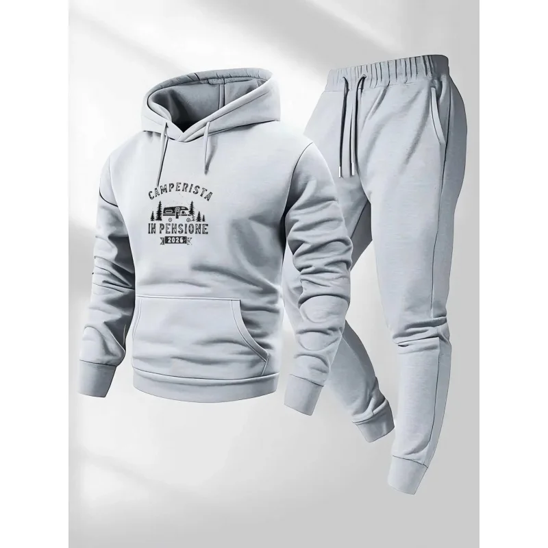 Light Gray Hoodie Set Camperista In Pensione Printed Pattern and Text