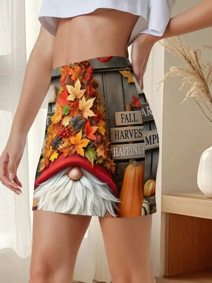 Women Autumn Harvest Gnome Graphic Mini Skirt Casual Bodycon Fall Pumpkin Leaf Print