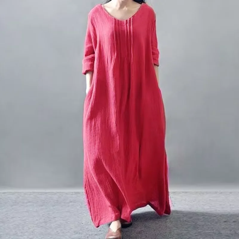 2026 Summer Autumn Women Casual Loose Boho Long Maxi Dresses Vestidos   -  Fashion Cotton Linen Vintage Dress