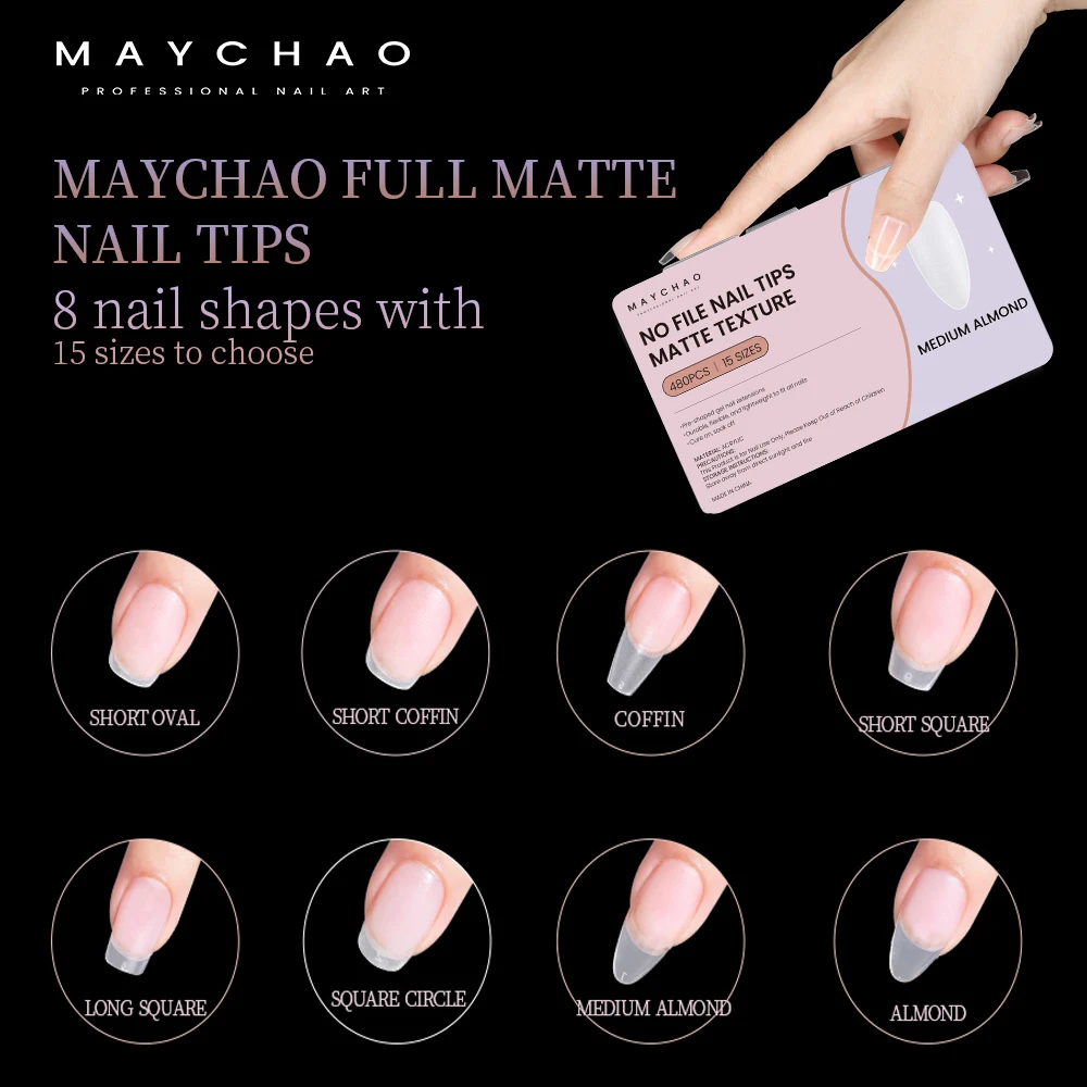 Maychao เล็บปลอมปลอม300/480ชิ้นฝาปิดทั้งฝาเล็บปลอมเล็บอะคริลิกโลงศพอัลมอนด์ผิวด้านสำหรับบ้านอุปกรณ์ทำเล็บแบบ DIY/แบบจุ่มผงเล็บต่อเล็บ