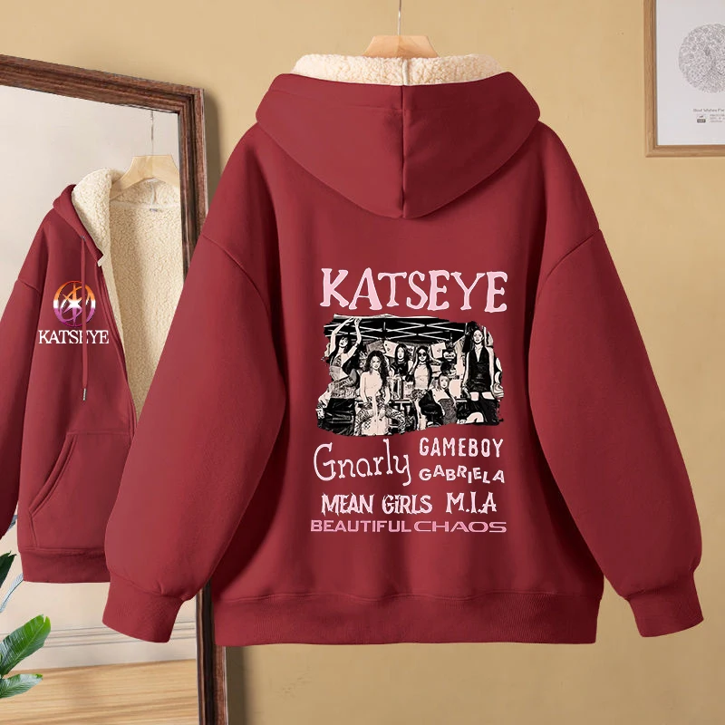 

Модная женская толстовка-худи Katseye с молнией, зимняя, утепленная, с мультяшным принтом, новая, из вельвета, пуловер
