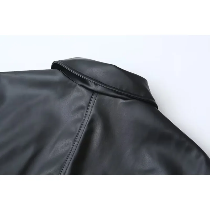 Women's Autumn Winter PU Leather Jacket Black New Fashion Turn-down Collar Slanted Pockets Leather Jacket Coat Comfortable Warm