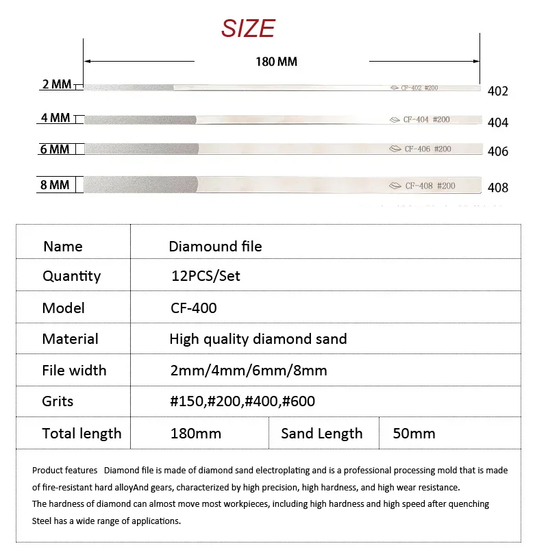 12ชิ้น/เซ็ตที่ดีที่สุดเพชรเรียวมือไฟล์ CF-400โลหะผสมเพชรโลหะแม่พิมพ์ขัดไฟล์2 ~ 8มิลลิเมตรบางแบนทรายไฟล์ Grit150 ~ 600 #