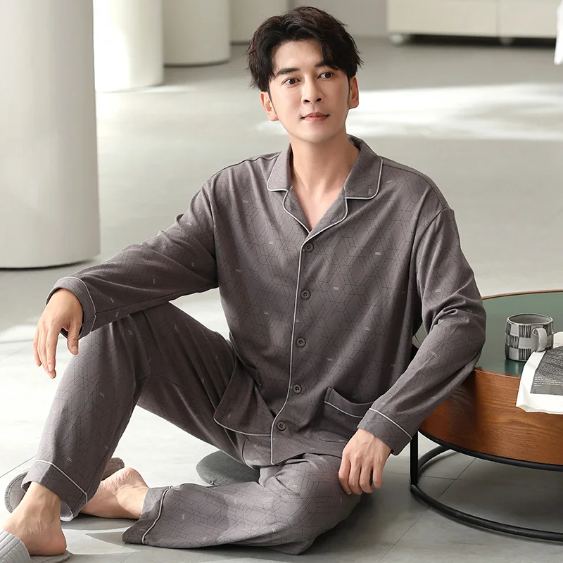 Plus Size M-4XL Men Pajamas Set 100% Cotton Turn-down Collar Sleepwear Male Autumn Pyjamas