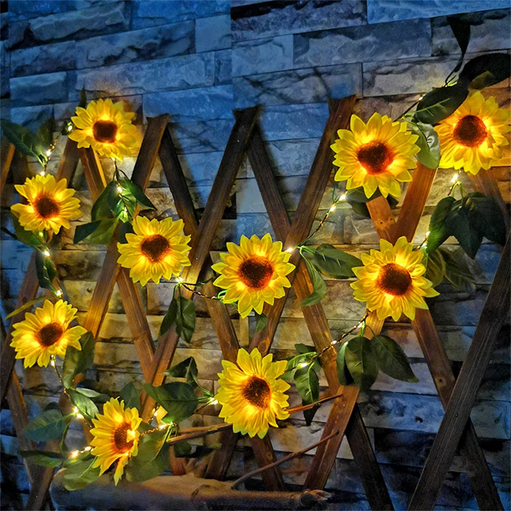 2M 20 Led Sunflower Vine Branch String Lights Battery Powered Flower Warm White Garland Light for Garden Home Party Decoration