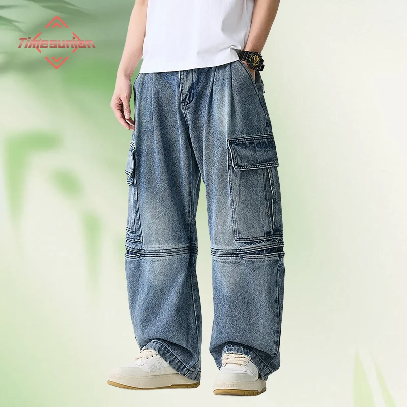 

Мужские винтажные потертые джинсы с несколькими карманами, свободный крой, корейские повседневные прямые брюки с завязками и широкими штанинами, рабочая одежда