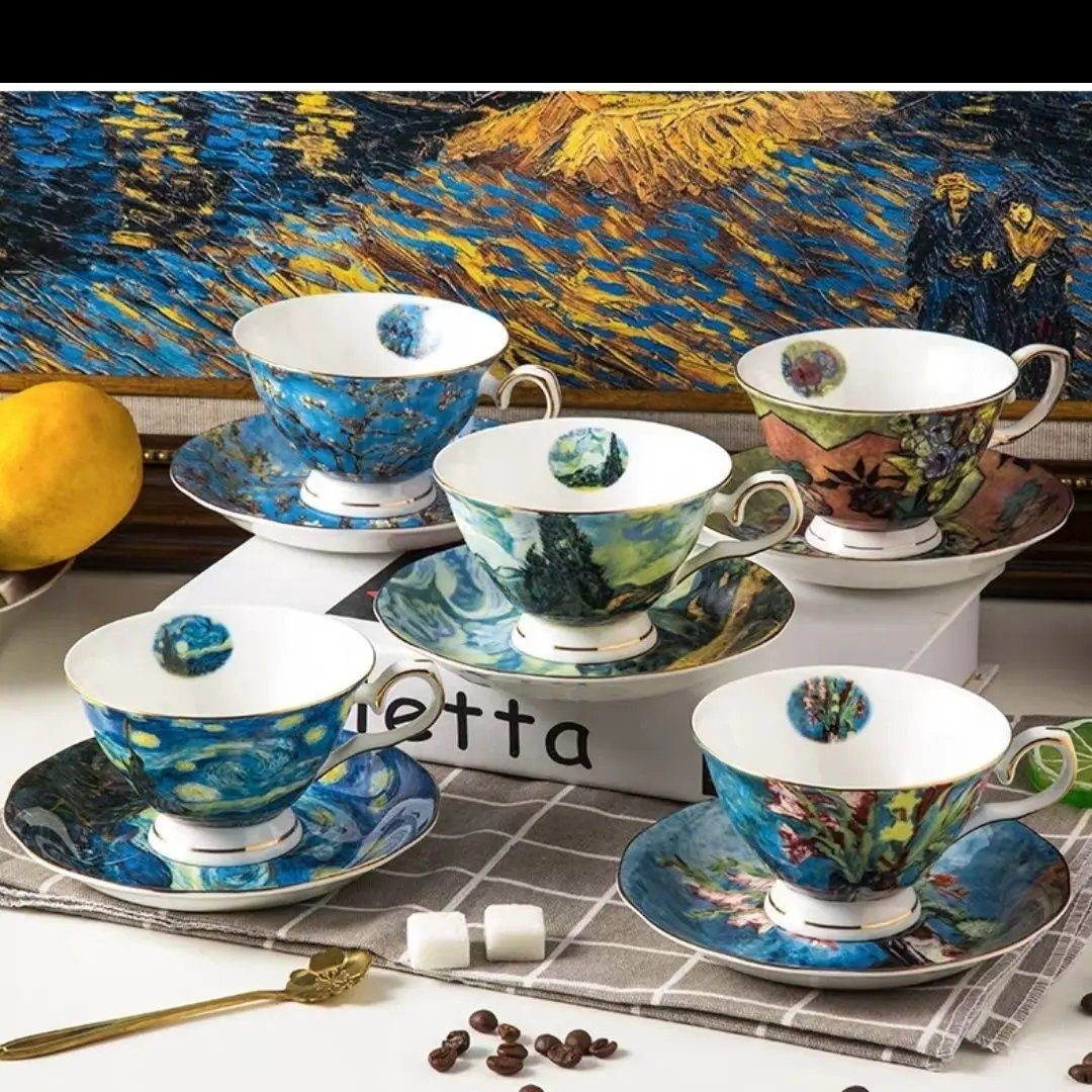 

Bone china coffee cup British retro style creative high-end oil painting coffee cup saucer court style European style
