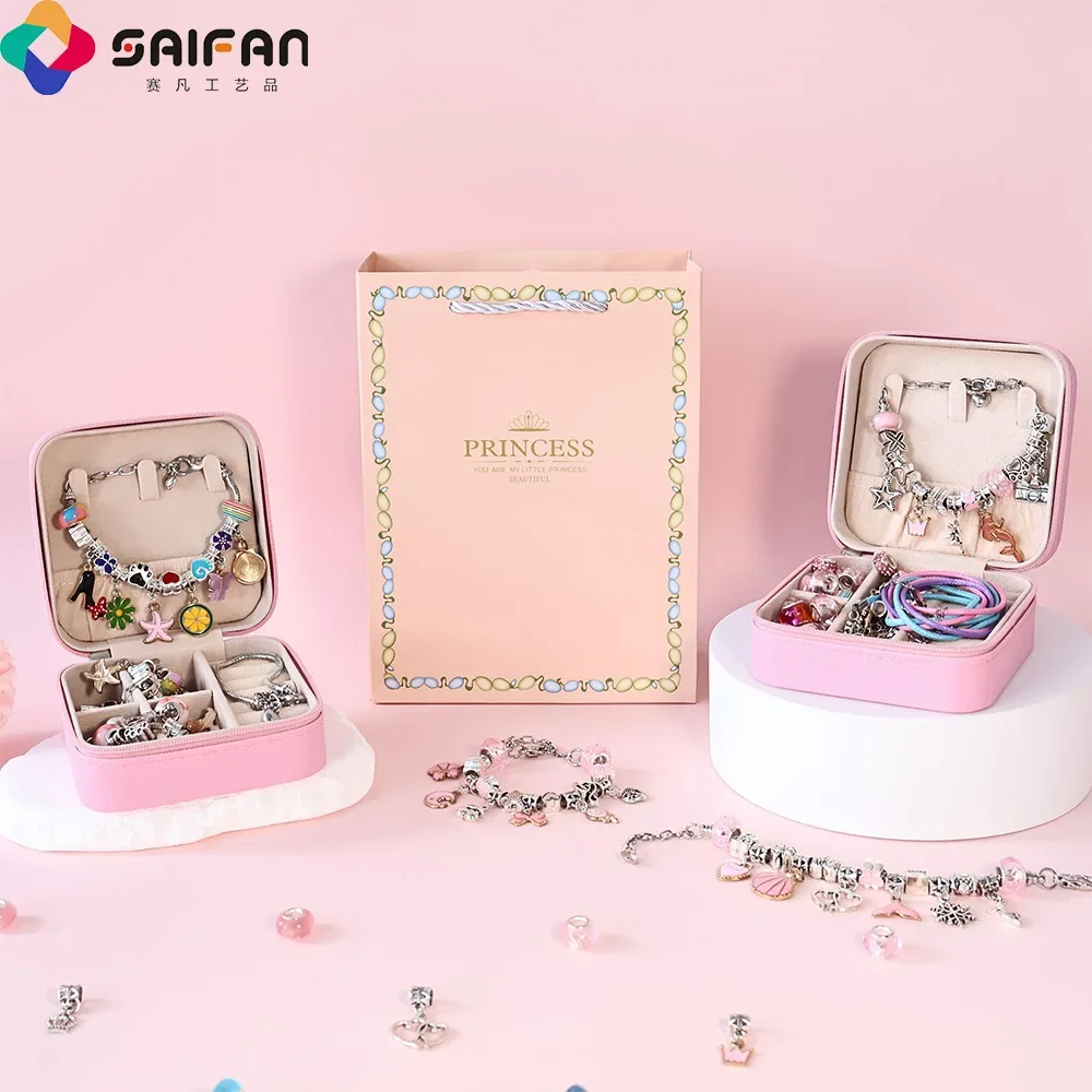 1 conjunto de pulseiras de contas requintadas, acessórios diy de contas de meninas, conjunto de materiais de caixa de presente infantil, acessórios de pulseira, contas