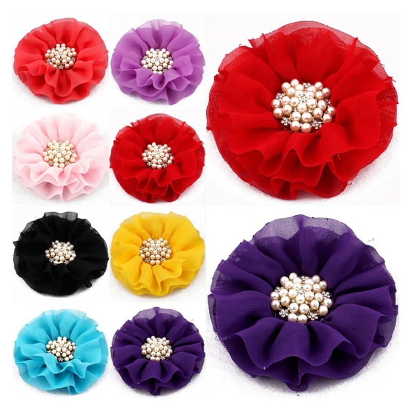 

50pcs/lot 4" 15colors Hair Clips Ruffled Chiffon Flowers+Rhinestone Buttons For Hair Accessories Fabric Flowers For Headbands