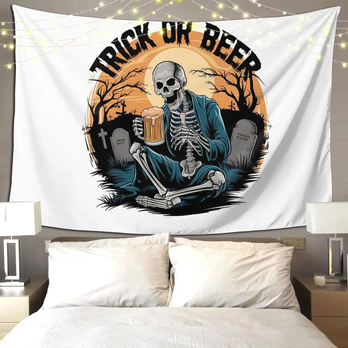 Trick Or Beer Halloween Skeleton In Graveyard Tapestry Art Wall Hanging Aesthetic Home Decoration Tapestries Bedroom Dorm Room