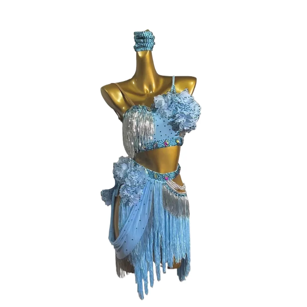 

Latin Dance Adult Ballroom Costume Competition Costume Sky Blue Flower Bead Tube Samba Rumba Practice Costume Dress