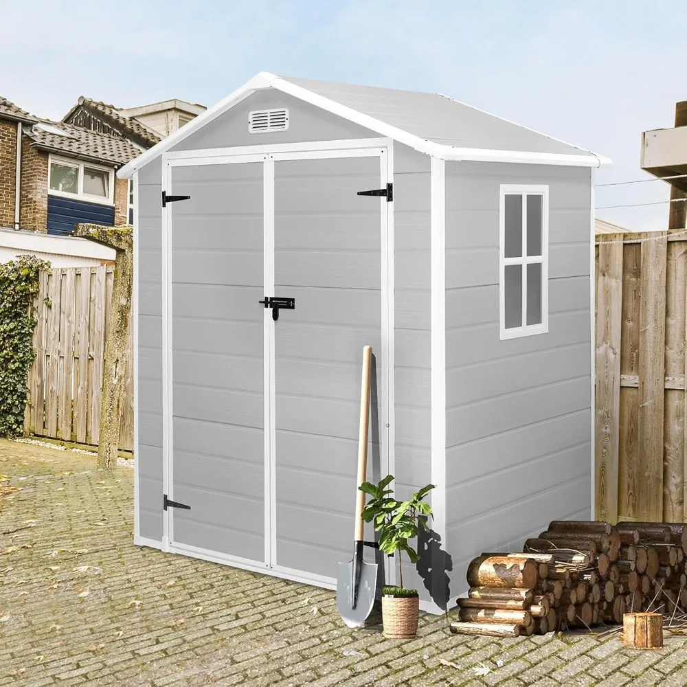 

4.4FT Outdoor Resin Shed with Reinforced Floor, All-Weather Plastic Shed with Lockable Door, Window & Vents, Garden Tool Sheds