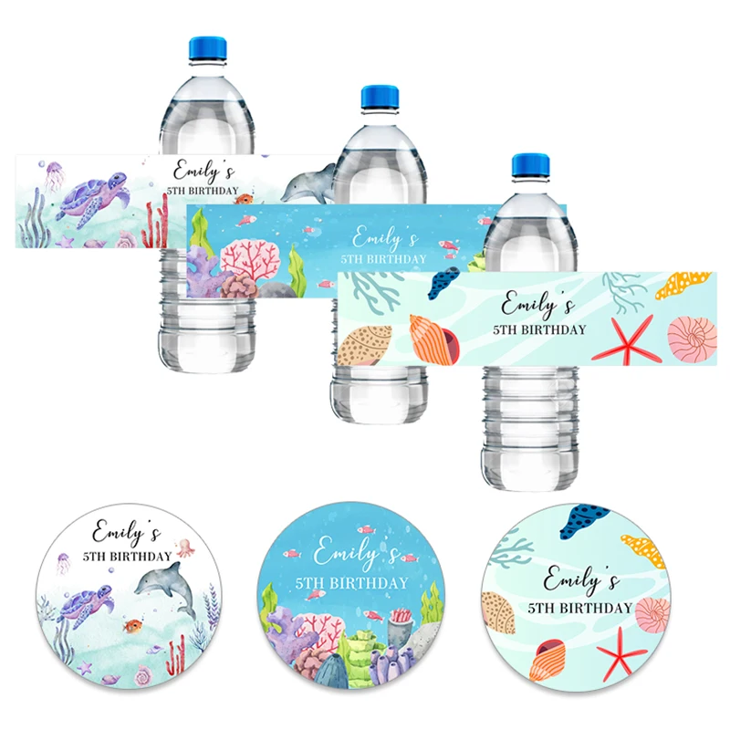 Personalized Text Water Bottle Label Stickers Under The Sea Animals Ocean Day Marine Party Birthday Baby Shower Baptism Decor view 5