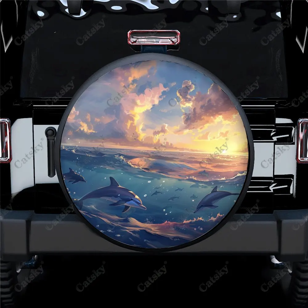 Dolphins Swimming Under Sunset Universal Car Spare Tire Cover Auto Accessories Wheel Protect for Trailer SUV Truck Camper14-17in