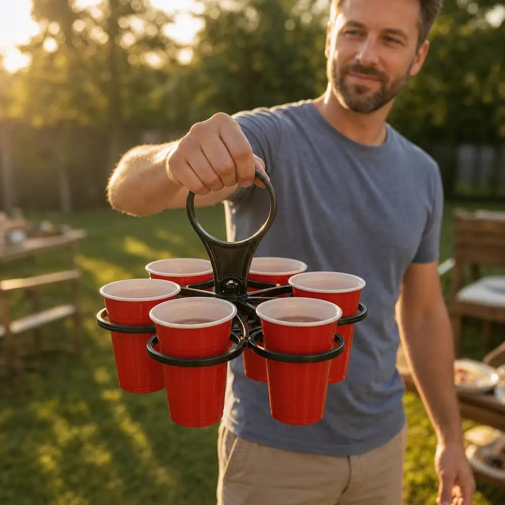 Portable Collapsible Rotatable 6-Cup Plastic Cup Holder Creative Tote Rack Carrier for Party Wine Coffee Tea Drinks Cups Storage